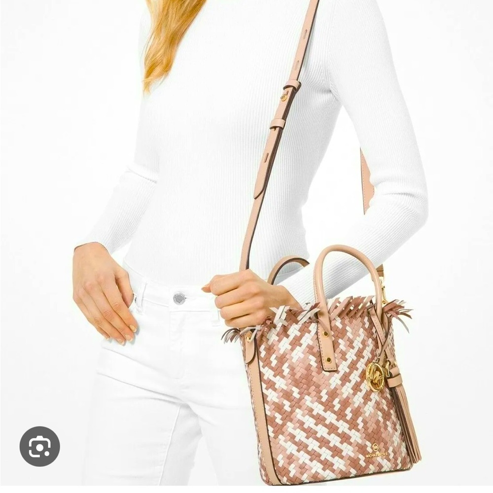 Michael Kors Marley Luggage & White Woven Bucket